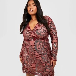 Boohoo Wine And Gold Sequin Long Sleeve Dress